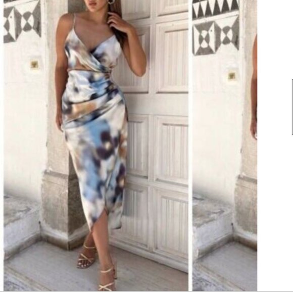 ZARA TIE-DYE PRINT SATIN EFFECT OPEN LACE BACK CAMISOLE MIDI MAXI DRESS $89.90 - Picture 2 of 7